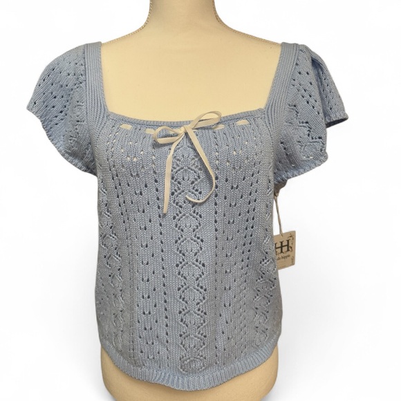 Haute Hippie 100% Cotton Crochet Short Puff Sleeve Square Neck Sweater Top Sz XL - Picture 1 of 8
